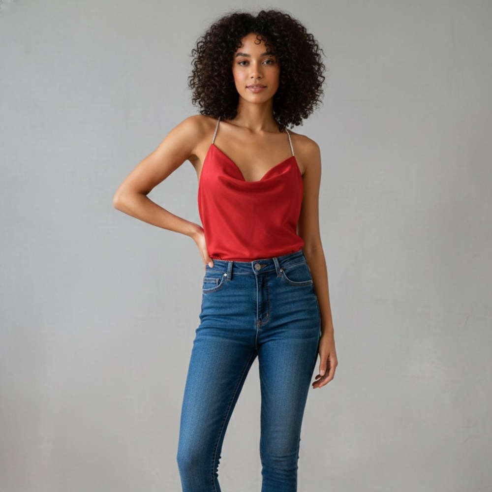 Red satin top with rhinestone strap